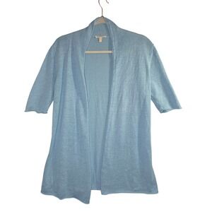 EILEEN FISHER Linen Light Blue Knit OpenFrontShort SleeveCardigan Sz S Office